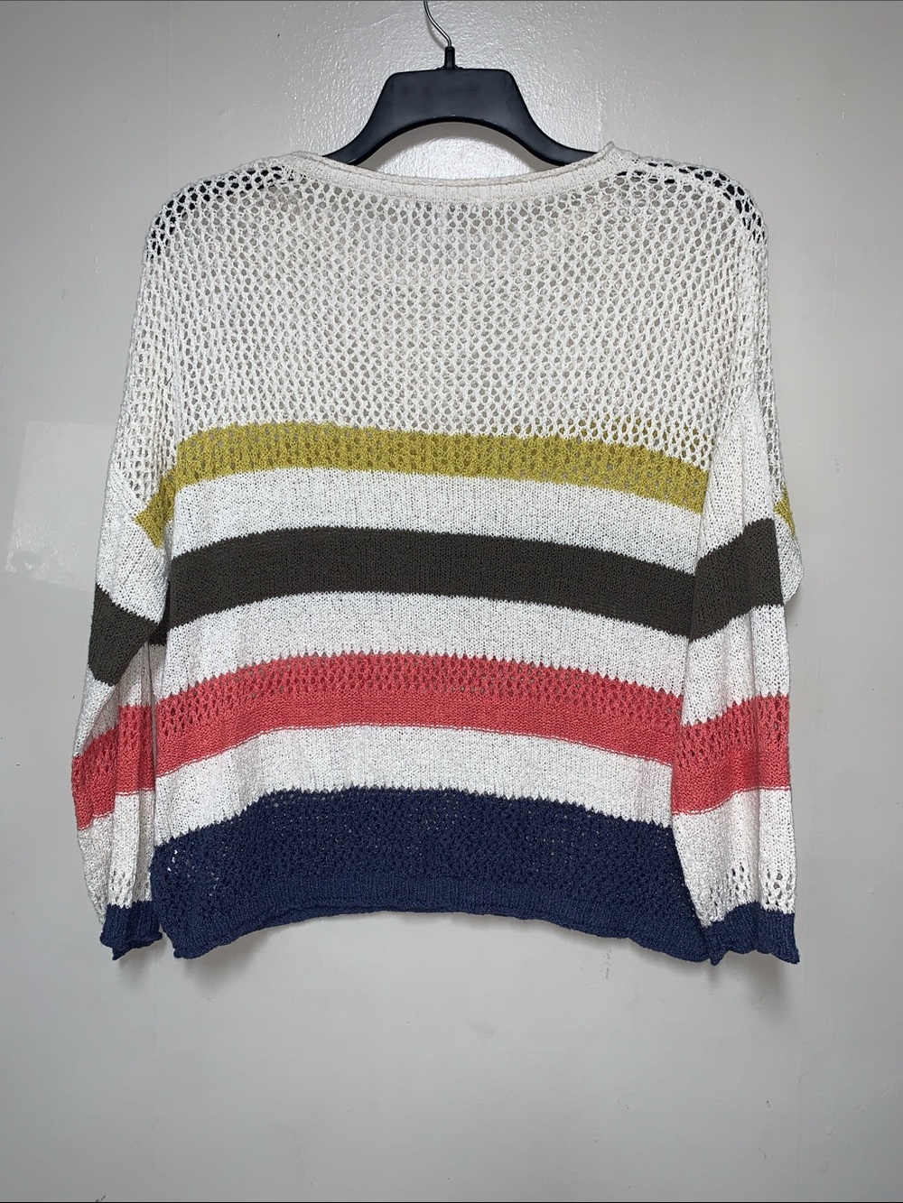 Three Dots Open-Knit Stripe Pullover in White, Yellow, Olive, Coral & Navy